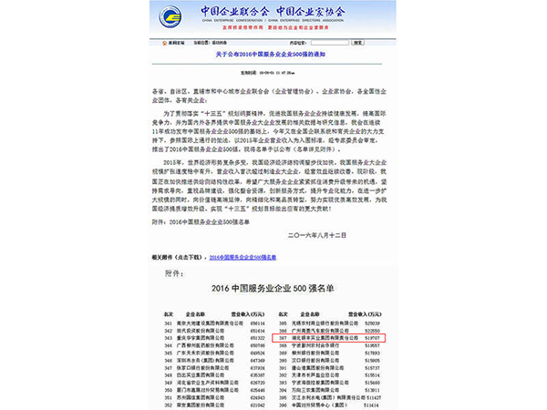 2016年 銀豐集團榮獲中國服務業企業500強稱号 2016年 銀豐集團榮獲中國服務業企業500強稱号