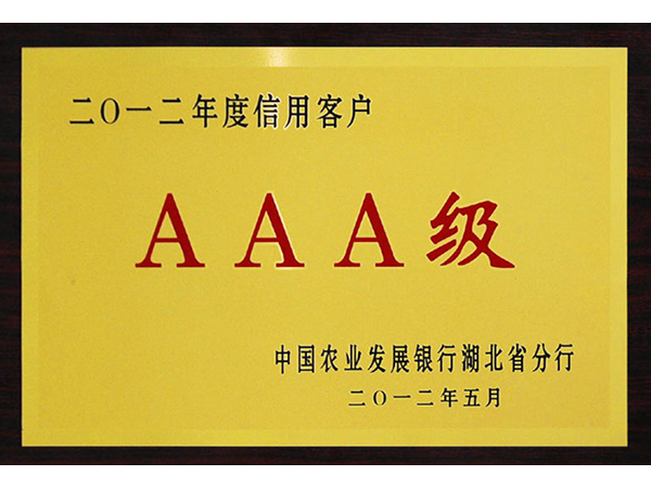 2012年 湖北銀豐棉花股份有限公司榮獲中國農發行2012年度AAA級信用客戶稱号 2012年 湖北銀豐棉花股份有限公司榮獲中國農發行2012年度AAA級信用客戶稱号